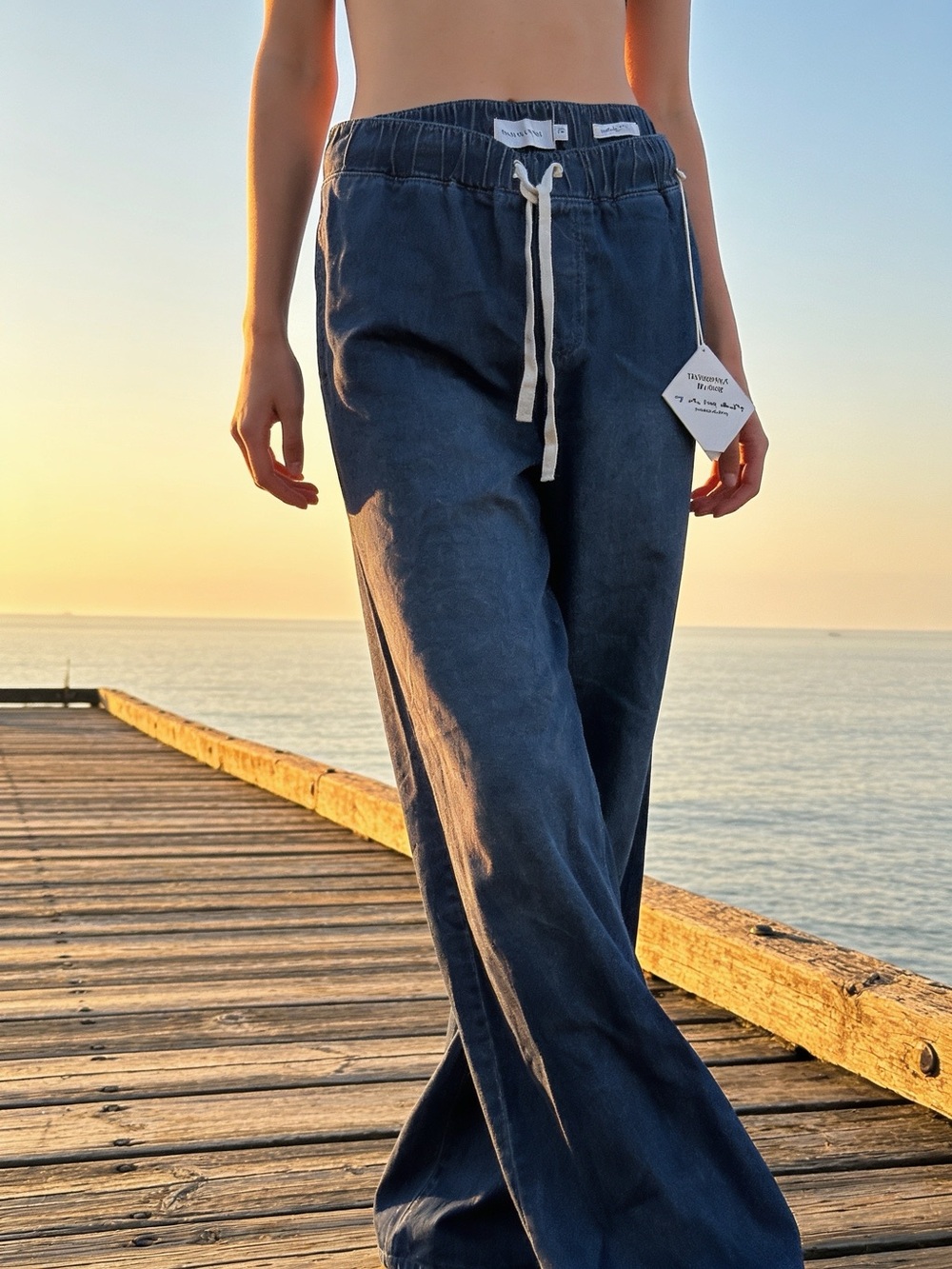 Tahari Indigo Wide-Leg Drawstring Pants